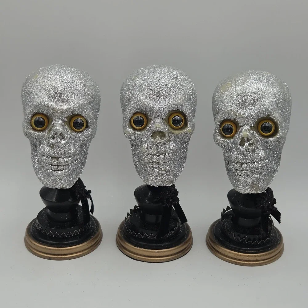 Vintage Lots of 3 Glittered Skull Head Blow Mold w/ Stand Prop Halloween Decor
